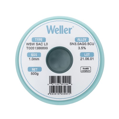 Weller WSW SAC L0 (T0051386899) Lead Free Solder Wire, Dia: 1.0 mm / 0.039 in, Wt: 500 g / 17.637 oz, Alloy Sn96.5Ag3.0Cu0.5, Flux content 3.5%