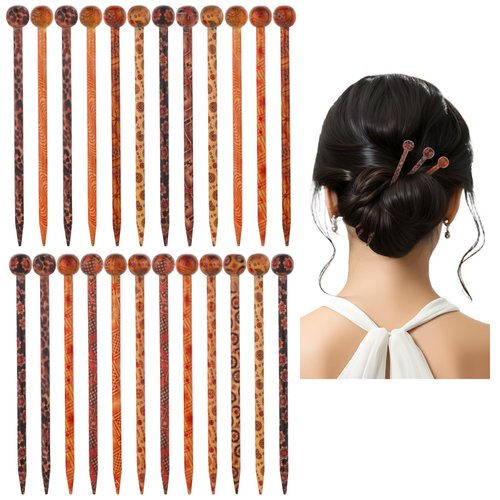 JIYIN 24 Pcs Boho Vintage Wood Hair Sticks, Japanese Wooden Hair Sticks for Buns Chinese Hairpin Retro Hair Chopsticks Hanfu Pins Hair Bun Holders Different Prints Hair Forks and Hair Sticks for Women