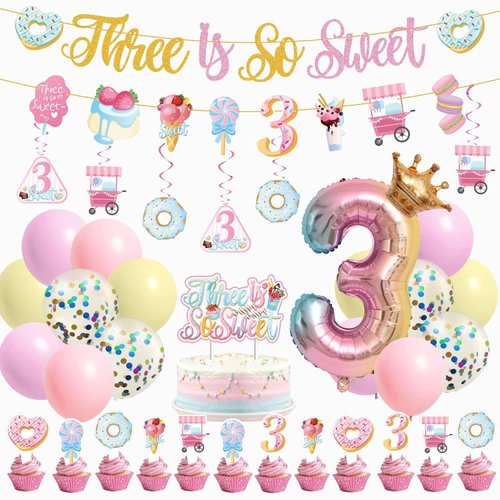 JUYRLE Three Is So Sweet Birthday Decorations for Girls, 3rd Birthday Party Supplies Include Ice Cream Donut Banner Cake Toppers Hanging Swirls Latex Foil Balloons for Girls Third Birthday Decorations