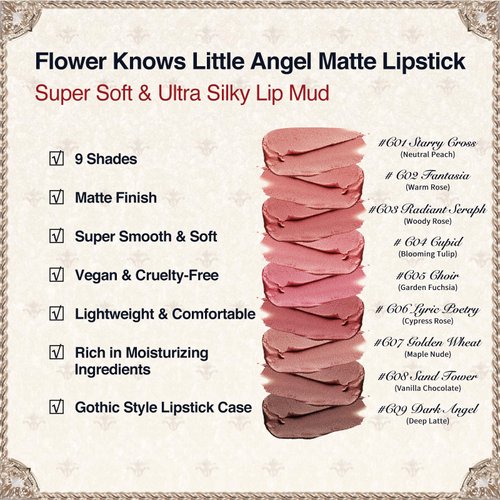 Flower Knows Little Angel Lip Mud Matte Lipstick,Super Soft & Ultra Silky Lip Stick,Long Lasting & Moisturizing Vegan Lip Makeup for Girls&Women,Velvety Finish,3.5g,1Count(C01 Starry Cross)