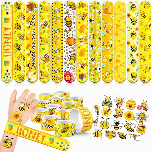 48 Bee 24PCS Bee Temporary Tattoos Sticker 24PCS Slap Bracelets Perfect for Themed Birthday Party Favors Baby Showers or Classroom Rewards Ideal Decor and Gifts for Girls and Boys