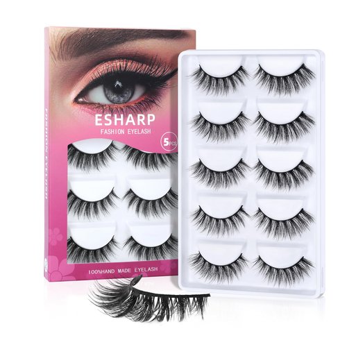 Fake Eyelashes Natural Wispy Cat Eye Lashes 3D Volume Faux Mink Lashes 16mm Soft Comfortable 5 Pairs Strip Lashes Pack by ESHARP