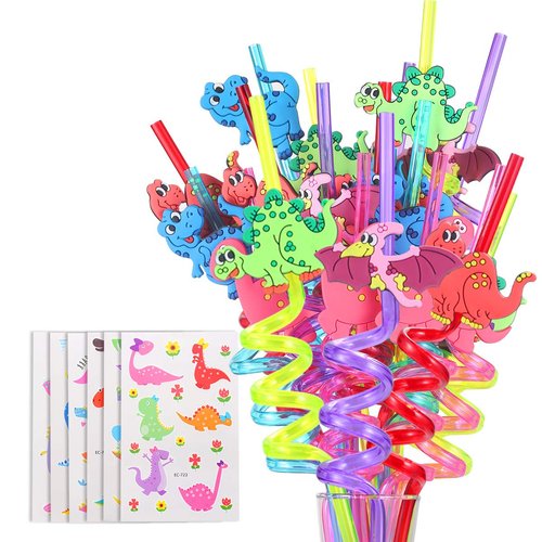 FZR Legend 24 Reusable Dinosaur Drinking Plastic Straws + 6 Dinosaur Temporary Tattoos for Kids Girls Boys | Dinosaur Birthday Party Supplies Three Rex Party Favors Decorations with Cleaning Brush