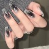 24PCS Grey Black Press on Nails Medium Length Fake Nails Glossy White Silver False Nails Star Moon Blush designs Artificial Acrylic fingernails for Women Girls Full Cover Glue on Nails