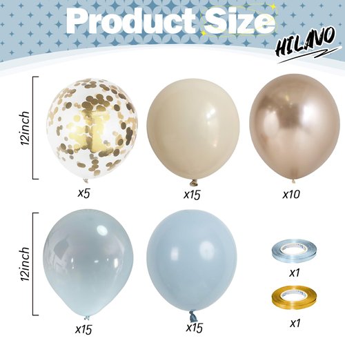 Dusty Blue Balloon Set, 60Pcs 12 Inch Slate Baby Blue White Sand Latex Balloon with Metallic Confetti Champagne Gold Helium Balloons for Birthday Party Baby Bridal Shower Boho Decortaions Supplies