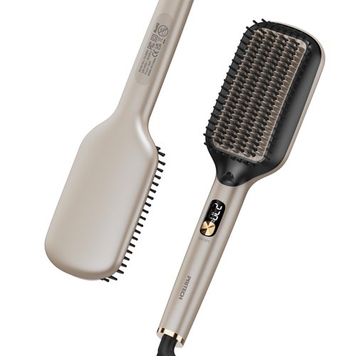 PRITECH Hair Straightening Brush Ionic 250-450°F Fasting Heating Anti-Scald & Auto-Off, Wide Plates Flat Iron Comb Teeth Dual-Voltage Brush Straightener Hot Brush Ionizer Anti-Frizz (Gold)