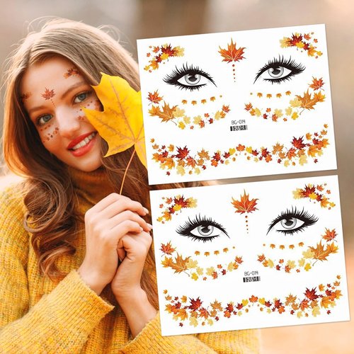 Fall Maple Face Sticker Autumn Maple Face Tattoo Stickers Thanksgiving Temporary Tattoos Stickers Fashion Maple Leaf Art Tattoo Sticker Thanksgiving Party Face Accessories for Body/Facial Makeup