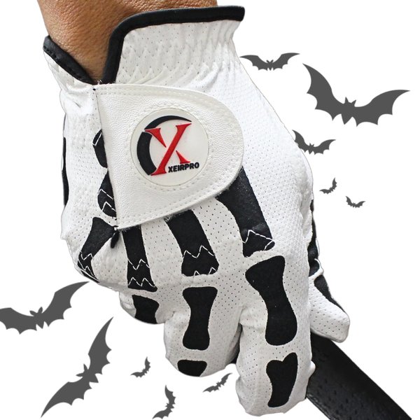 XEIRPRO Skeleton Death Grip Golf Gloves for Men – Funny Golf Gloves for Men – Cool & Tacky Golf Glove 2 Pack – Perfect for Summer & Fall Golfing (White, Medium, Right)