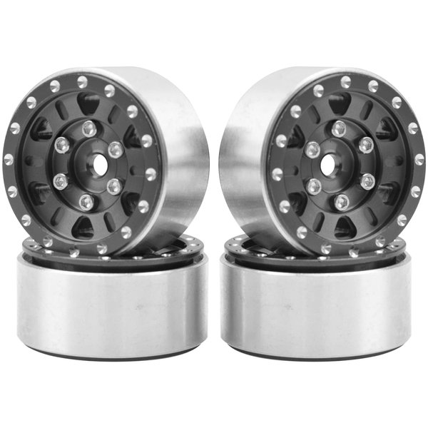 4Pack HIRCQOO 1.0" SCX24 Beadlock Wheels Rim 7mm Hex Wheel Rims Compatible with Axial 1/24 AXI90081 AXI00002V2 C10 Gladiator RC Micro Beadlock Wheels Crawler Car (Black)