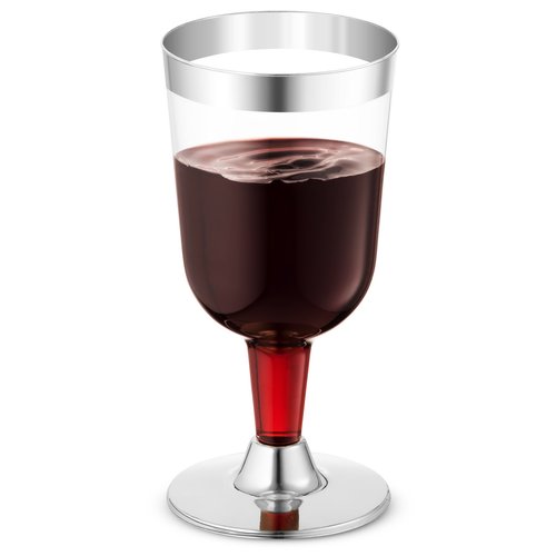 BloominGoods 50 Pack Silver Rimmed Disposable Wine Glasses | 7 oz. Premium Clear Hard Plastic Fancy Wine Cups (50-Pack)