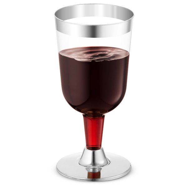 BloominGoods 50 Pack Silver Rimmed Disposable Wine Glasses | 7 oz. Premium Clear Hard Plastic Fancy Wine Cups (50-Pack)