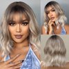 SPFAMI Short Bob Ombre Brown White Wavy Wigs with Bangs for Women Natural Shoulder Length Wig Women's Charming Heat Resistant Synthetic Wigs for Daily Party Use