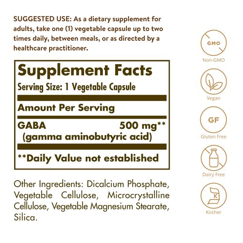 Solgar GABA 500 mg, 100 Vegetable Capsules - Relaxation & Nervous System Support - Amino Acid - Non-GMO, Vegan, Gluten Free, Dairy Free, Kosher - 100 Servings