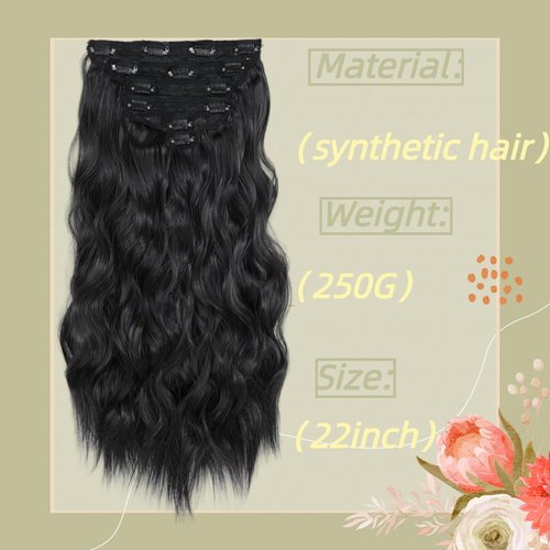 REAUTCOORS Clip in Hair Extensions, Long Wavy Synthetic Hair Extension22 Inch Jet Black 6PCS (220g 1#) (1#(Jet Black), 22inch)