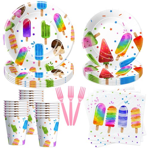 Xenorik Popsicle Birthday Plates And Napkins Party Supplies - Ice Cream Popsicle Party Decorations Dinnerware, Plate, Cup, Napkin, Fork, Summer Popsicle Baby Shower Decorations Tableware | Serve 24