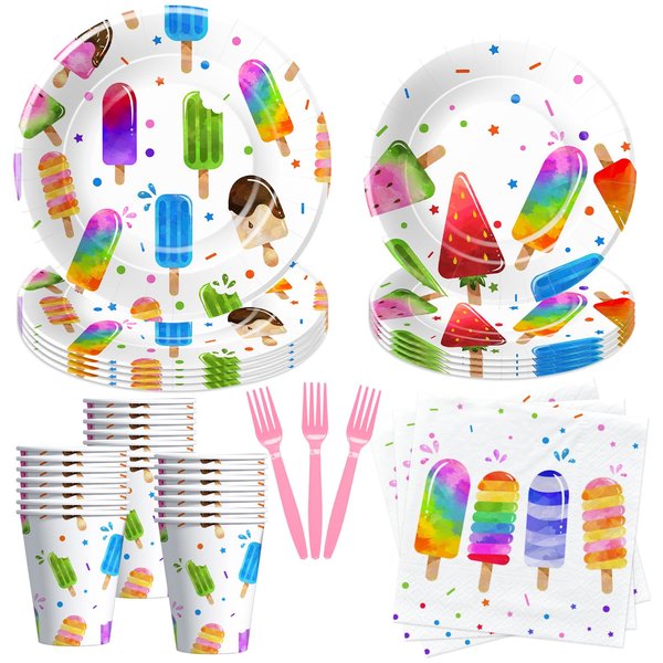 Xenorik Popsicle Birthday Plates And Napkins Party Supplies - Ice Cream Popsicle Party Decorations Dinnerware, Plate, Cup, Napkin, Fork, Summer Popsicle Baby Shower Decorations Tableware | Serve 24