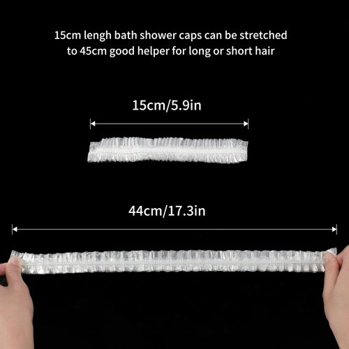 FirstKitchen 100PCS Disposable Shower Caps, Elastic Plastic Clear Hair, Medium Shower Cap, Thicker Waterproof Clear Bath Caps for Women Short Hair Treatment, Salon, Spa, Hotel, Travel(17.3")