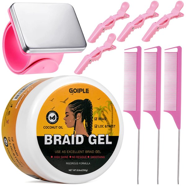 Strong Hold Smoothing Braiding Gel for Twists, Locs, Edges, Cornrows - With Hair Braiding Tools: Magnetic Pin Wristband, Comb - No Flake, High Shine