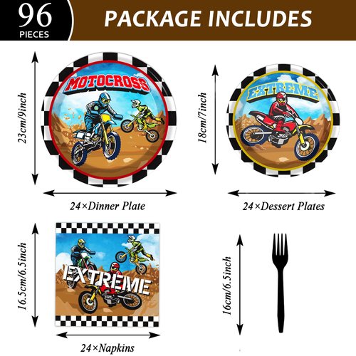 96 Pcs Dirt Bike Party Plates and Napkins Party Supplies Motorcycle Theme Party Tableware Set Motocross Dirt Bike Party Decorations Favors for Boys' Birthday Baby Shower Serves 24