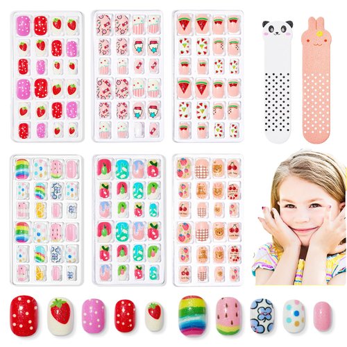 Modelones 144Pcs 6 Pack Press on Nails for Kids Children Acrylic Fake Nails Pre-glue Full Cover Glitter Gradient Color Ice-Cream Fruit Short False Nail Art Kits Sets Gifts for Kids Girls