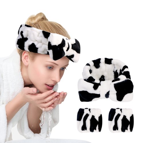 UNIMEIX 3 Pack Spa Headband and Wrist Washband Face Wash Set,Reusable Soft Makeup Headband Fleece Skincare Headbands for Washing Face Shower (Loose Cow)