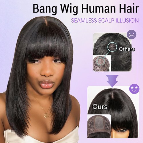 Starmo Bob Wig with Bangs Human Hair Wigs Glueless Wigs Straight Layered Bob Wigs with Bangs 4x2 Transparent Lace Bob Wigs Black for Women 14 Inch