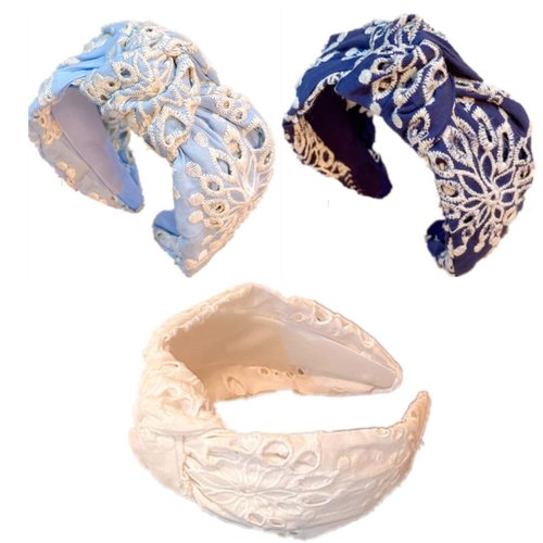 YOEMAYUNER Knotted Headband Floral Boho Headbands for Women,Stylish Headband for Women White Hairband Wide Headband Non Slip Wide Knotted Headband,3PCs (Blue+Lightblue+White, One size fits most)