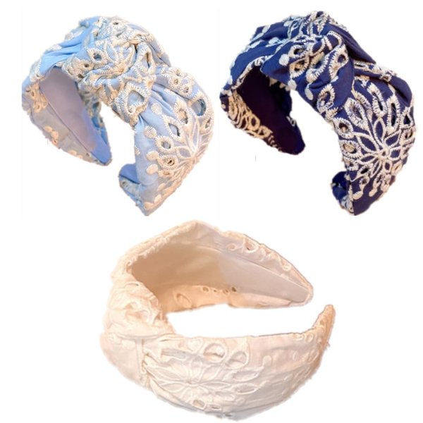 YOEMAYUNER Knotted Headband Floral Boho Headbands for Women,Stylish Headband for Women White Hairband Wide Headband Non Slip Wide Knotted Headband,3PCs (Blue+Lightblue+White, One size fits most)
