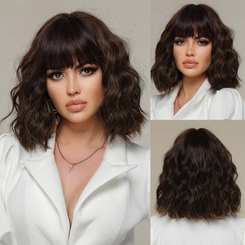 Doremiy Short Bob Mixed Black Brown Wavy Wigs for Women Natural Shoulder Length Wig with Bangs Synthetic Wigs for Daily Cosplay