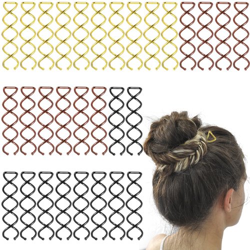 Nogeqi 30 Pcs Spiral Hair Pins,Spin Pins for Hair,Corkscrew French Twist Hair Pin,Non-Scratch Bun Twist Spiral Hair Pins for Thick Hair,Metal Hair Bun Accessories for Women Girl(Black Gold Brown)