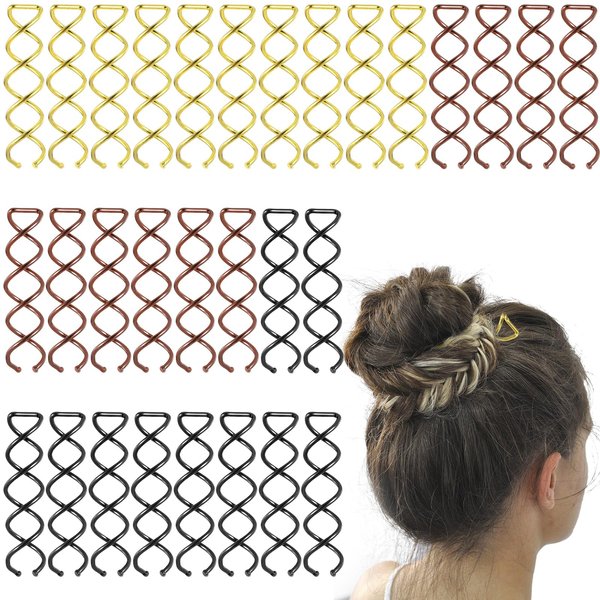 Nogeqi 30 Pcs Spiral Hair Pins,Spin Pins for Hair,Corkscrew French Twist Hair Pin,Non-Scratch Bun Twist Spiral Hair Pins for Thick Hair,Metal Hair Bun Accessories for Women Girl(Black Gold Brown)