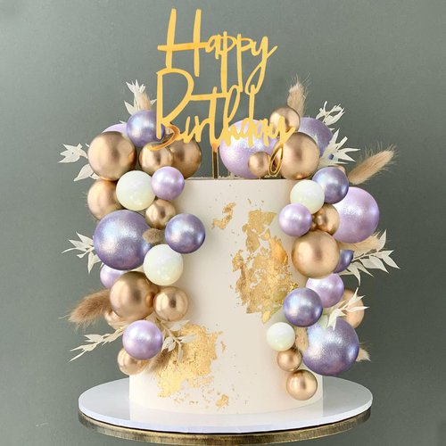 DRWATE Pearlescent Purple White Balls Cake Topper Boho Grass Cake Topper Happy Birthday Cake Decorations for Wedding Baby Shower Birthday Boho Themed Party Supplies (Pearlescent Purple)
