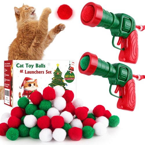TEAWOO Cat Toy Balls with Launchers Set (2+60), 60 Cat Pom Pom Balls & 2 Cat Toy Ball Launchers, Cat Enrichment Toys, Interactive Cat Toy Balls, Christmas Toy for Cats