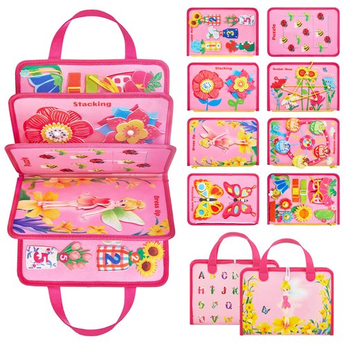 Kickduck Busy Board Montessori Toys for 3 4 Year Old Girls Birthday Gifts, Educational Activity Sensory Board Preschool Learning Toys for Toddlers, Travel Toys for Airplane Car (Flower Fairy)