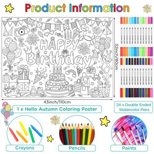 Faccito Giant Happy Birthday Coloring Poster with 24 Watercolor Pens 43.3 x 31.5 Inch Coloring Poster Jumbo Birthday Coloring Banner Table Cover for Craft Birthday Party Favors Supplies