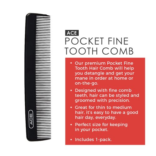 ACE Pocket Fine Tooth Comb - 4.5 Inch, Black - Great for All Hair Types - Fine Comb Teeth for Thin to Medium Hair - Durable for Everyday and Professional Use