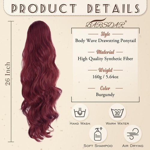 BARSDAR Red Ponytail Extension - 26 Inch Long Wavy Drawstring Ponytail Hair Extensions Clip in Ponytails Synthetic Red Pony Tails Hairpieces for Women Daily Party - Burgundy