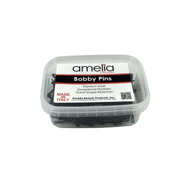 Amelia Beauty Products Standard Bobby Pin Flat | Hair Styling Accessories Hair Pins - for all Hair Types | 300 Gram in Clear Container Premium Pins Made in Italy - Black