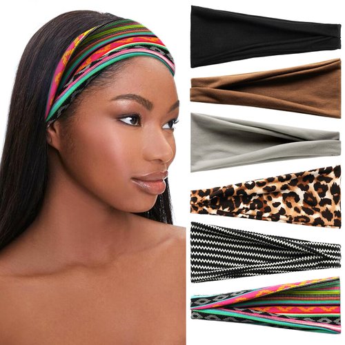 SAWINDA 6 Pack Boho Headbands for Women Fashion Short Head Bands Stretchy Non Slip Hair Bands for Women's Hair African Cloth Bandanas for Women Yoga Workout Head Wraps Accessories