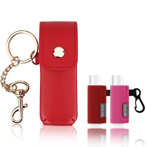 Likesing Chapstick Holder Keychain, Lip Balm Holder Sleeve Pouch with Clip On, 3 Set Leather and Elastic Lip Gloss Lipstick Holder Fits More Standard Lip Balm, Gift for Women and Girls