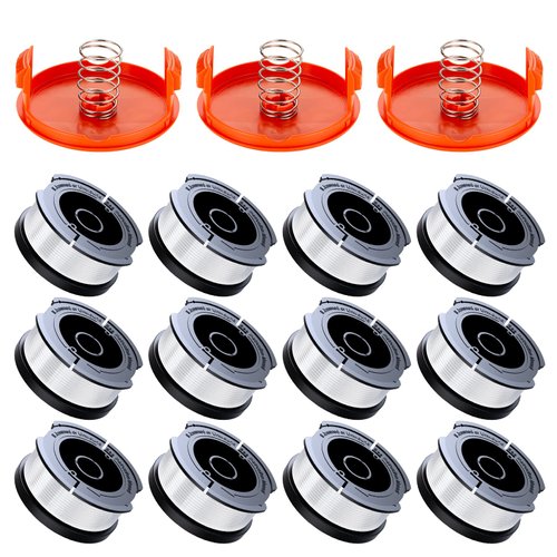 AF-100 Weed Eater Spool Compatible with Black+Decker, 30ft 0.065" Autofeed Replacement Weed Eater String Trimmer Line for Black and Decker Weed Eater (12 Line Spools + 3 Caps+3 Springs)