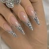 ANDGING Silver Press on Nails Stiletto Medium Long Fake Nails with Glitter Rhinestone Design Glue on Nails False Nails with Glue Full Cover Nail Press ons Reusable Stick on Nails for Wedding Birthday
