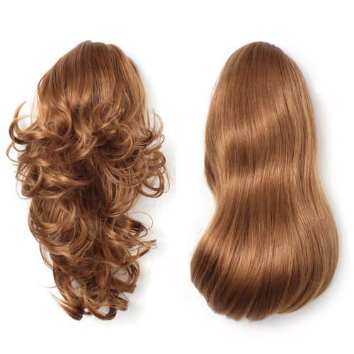 Onedor 15" Synthetic Fiber Curly Ponytail Hair Extension hairpiece with Clip-in Jaw Clips, Dual-Use Hair Extensions (27#-Strawberry Blonde)