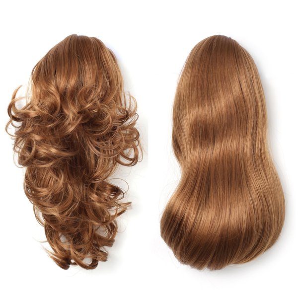 Onedor 15" Synthetic Fiber Curly Ponytail Hair Extension hairpiece with Clip-in Jaw Clips, Dual-Use Hair Extensions (27#-Strawberry Blonde)