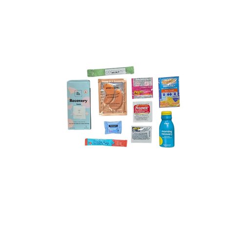 Hangover Kit, 10 Pieces - Morning Recovery Drink, Vitamin C Powder, Mouthwash, Makeup Wipe, Recovery Patch, Acetaminophen, Ibuprofen, Under Eye Recovery, Electrolyte Powder