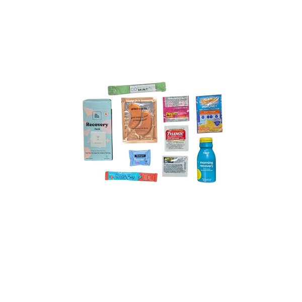 Hangover Kit, 10 Pieces - Morning Recovery Drink, Vitamin C Powder, Mouthwash, Makeup Wipe, Recovery Patch, Acetaminophen, Ibuprofen, Under Eye Recovery, Electrolyte Powder