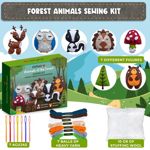 DeFieltro Sewing Kit for Kids Forest Animals Creative & EDUCACIONAL - Beautiful Complete Sewing Craft Kit with Easy-Perforation Felt for Kids - Beginners Sewing Kit for Hours of Fun Ages 8-12