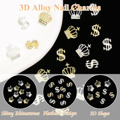 YAEISM 20PCS Dollar Sign Nail Charms Gold Silver Crown Nail Charms 3D Crystal Money Charms for Nails Luxury Nail Rhinestones for Nail Art and DIY Crafts Decoration