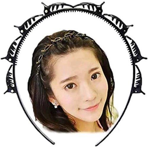 Chennie Double Layer Twist Plait Black Headband Hair Tools, Double Bangs Hairstyle Hairpin, Multi-Layer Hollow Woven Headband, Headband with Alligator Clip (Black) (Black, Normal)
