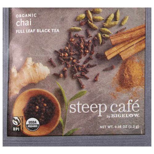 Steep Café Organic Chai Black Tea, 50 Bags per Box, Single Source, Premium Whole Leaf Teas in a Sachet Pyramid Bag, Individually Wrapped in a Foil Pouch, Hot or Iced, by Bigelow Tea